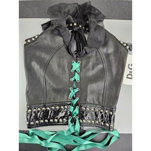 NWT DOLCE & GABBANA Black Leather Silk Studded HALTER CORSET Top Size 2 US RARE!